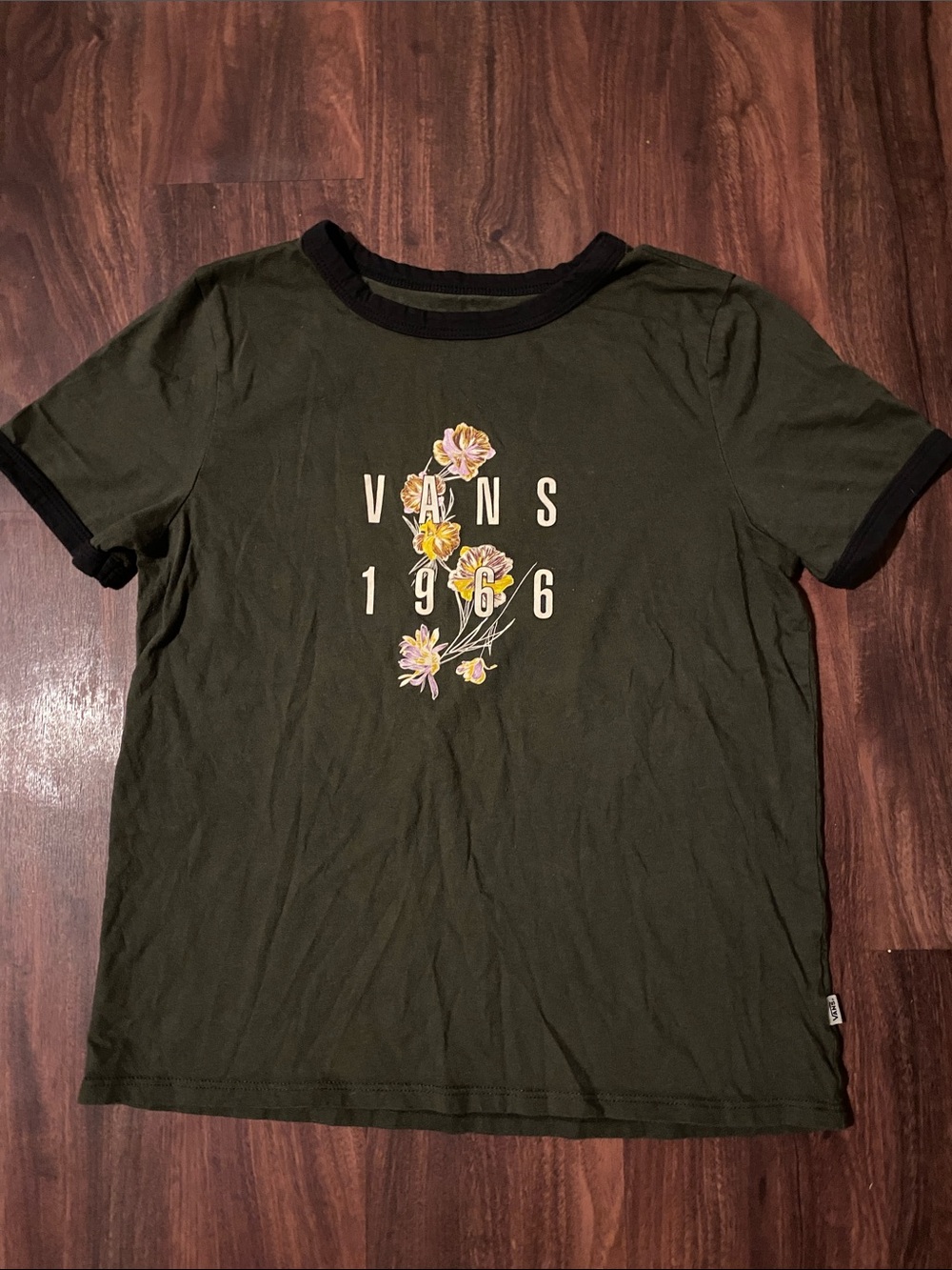 Vans Olive Green Floral Logo Ringer Tee with Black Trim